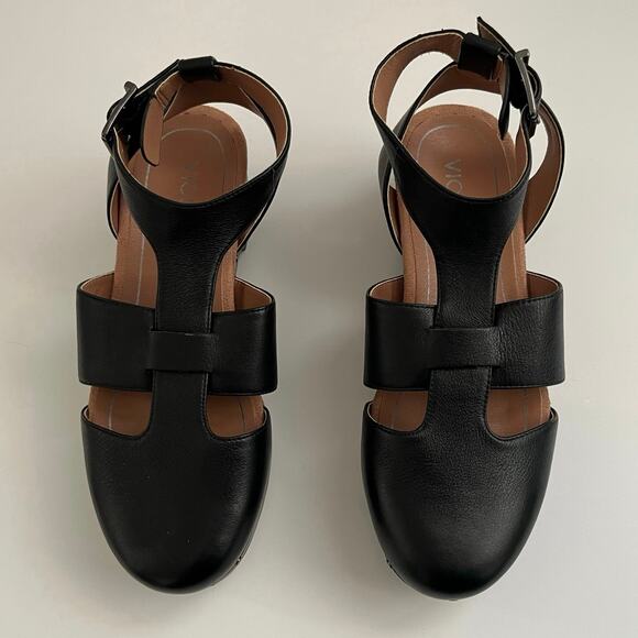 Vionic Faye T-Strap Leather Clog Sandals Women's 7 Black Studded Woven Strappy - Picture 3 of 16